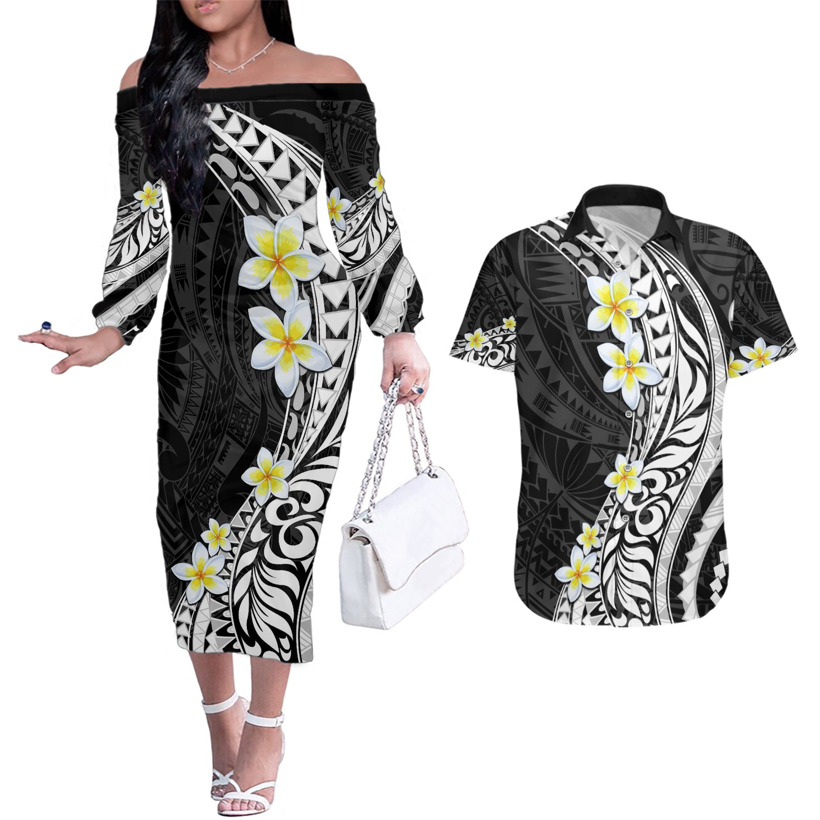 Hawaii Aloha Couples Matching Off The Shoulder Long Sleeve Dress and Hawaiian Shirt Plumeria Vintage - Black LT7 Black - Polynesian Pride