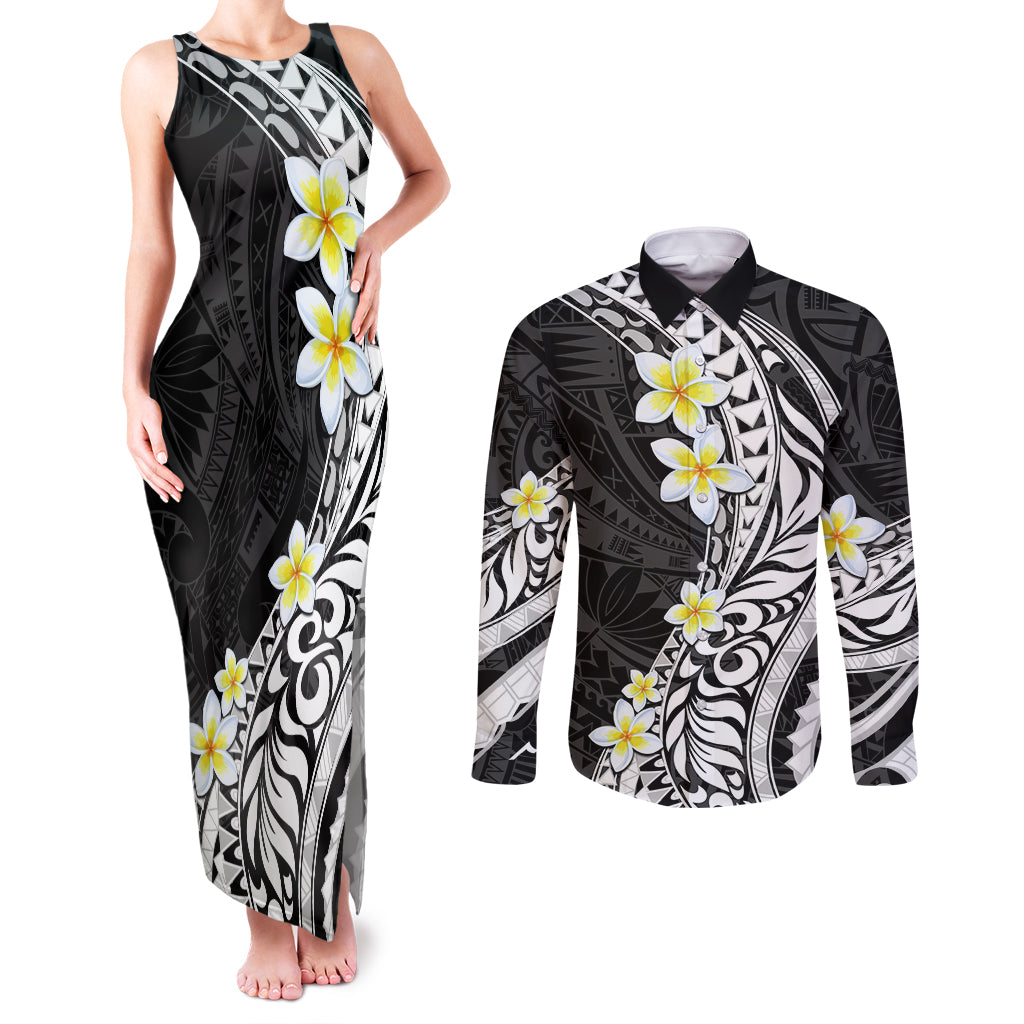 Hawaii Aloha Couples Matching Tank Maxi Dress and Long Sleeve Button Shirt Plumeria Vintage - Black LT7 Black - Polynesian Pride