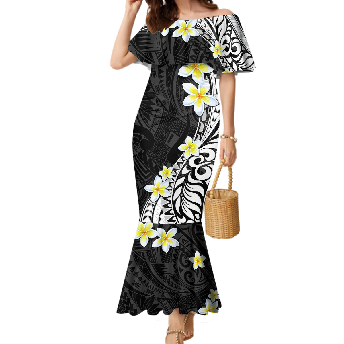 Hawaii Aloha Family Matching Mermaid Dress and Hawaiian Shirt Plumeria Vintage - Black LT7 Mom's Dress Black - Polynesian Pride