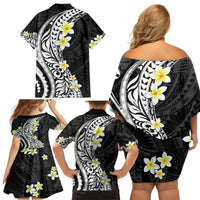 Hawaii Aloha Family Matching Off Shoulder Short Dress and Hawaiian Shirt Plumeria Vintage - Black LT7 - Polynesian Pride