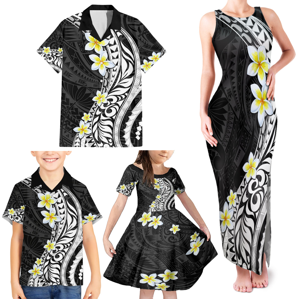 Hawaii Aloha Family Matching Tank Maxi Dress and Hawaiian Shirt Plumeria Vintage - Black LT7 - Polynesian Pride