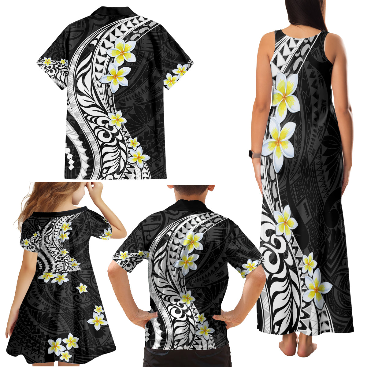 Hawaii Aloha Family Matching Tank Maxi Dress and Hawaiian Shirt Plumeria Vintage - Black LT7 - Polynesian Pride