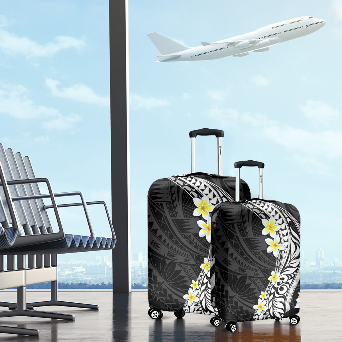 Hawaii Aloha Luggage Cover Plumeria Vintage - Black LT7 - Polynesian Pride