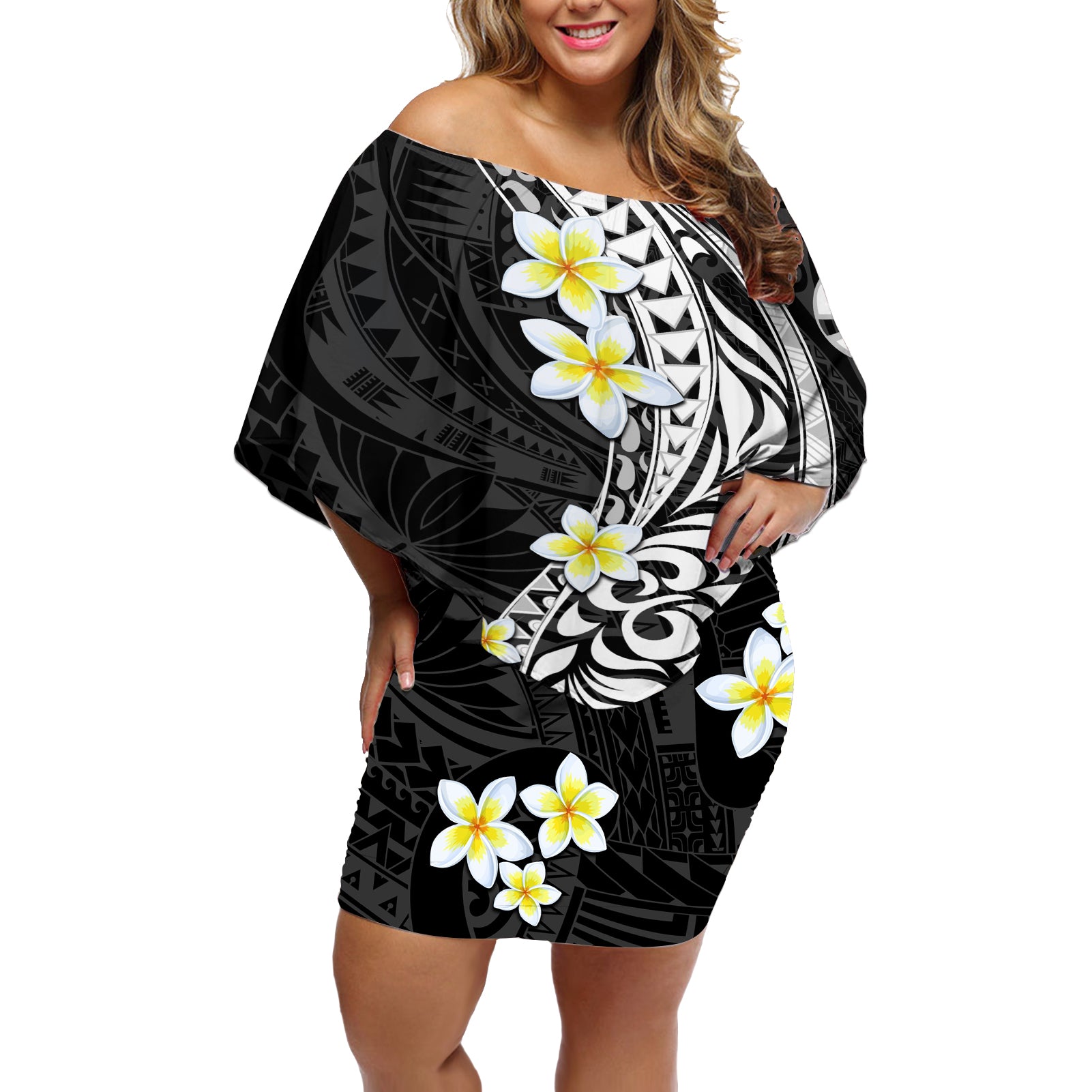 Hawaii Aloha Off Shoulder Short Dress Plumeria Vintage - Black LT7 Women Black - Polynesian Pride