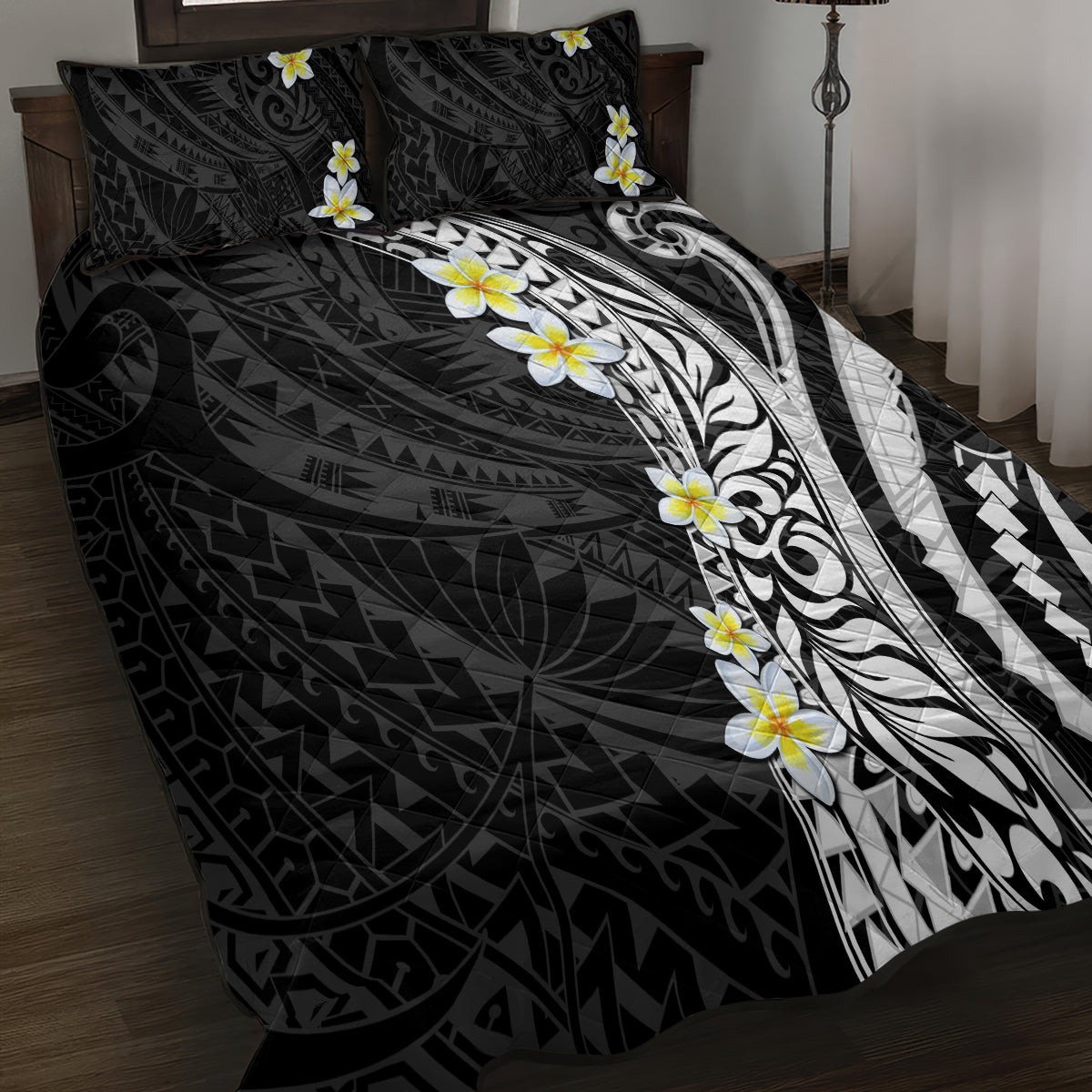 Hawaii Aloha Quilt Bed Set Plumeria Vintage - Black LT7 - Polynesian Pride