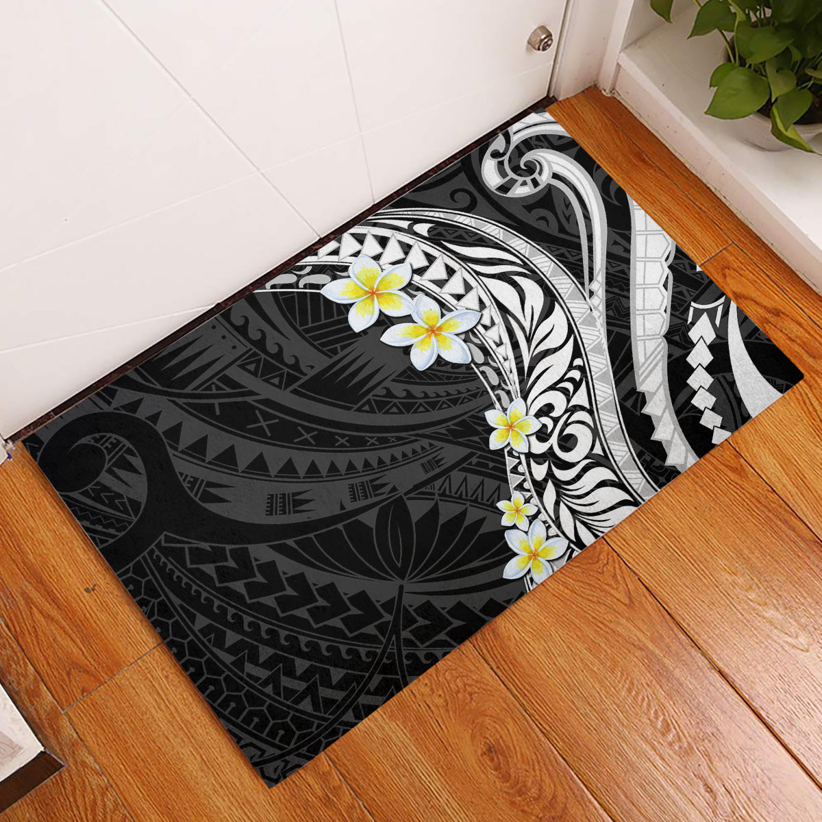 Hawaii Aloha Rubber Doormat Plumeria Vintage - Black LT7 Black - Polynesian Pride