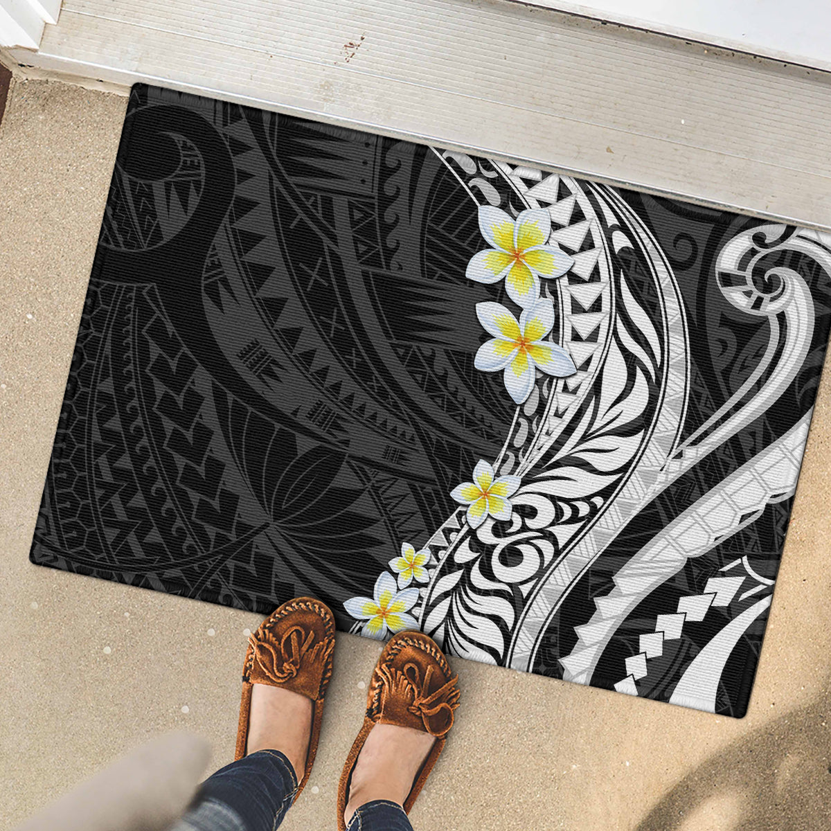 Hawaii Aloha Rubber Doormat Plumeria Vintage - Black LT7 - Polynesian Pride