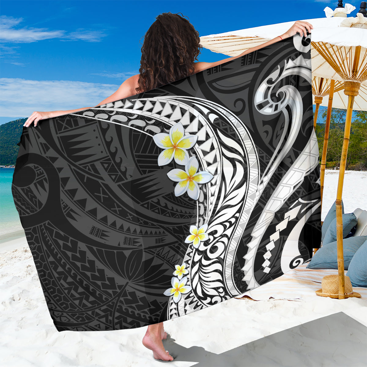Hawaii Aloha Sarong Plumeria Vintage - Black LT7 One Size 44 x 66 inches Black - Polynesian Pride