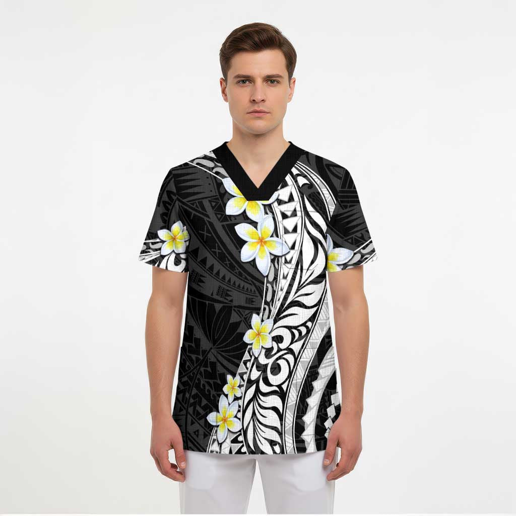 Hawaii Aloha Scrub Top Plumeria Vintage - Black - Polynesian Pride