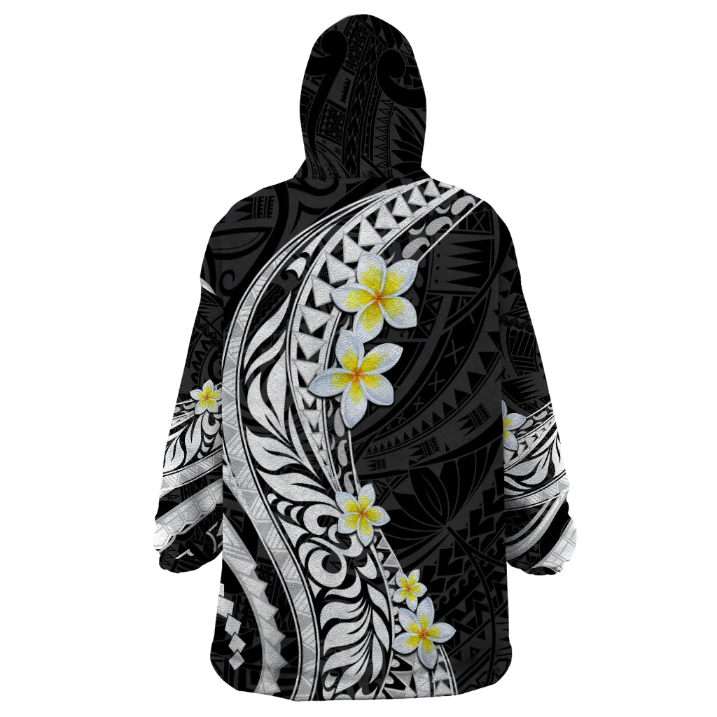 Hawaii Aloha Wearable Blanket Hoodie Plumeria Vintage - Black LT7 - Polynesian Pride