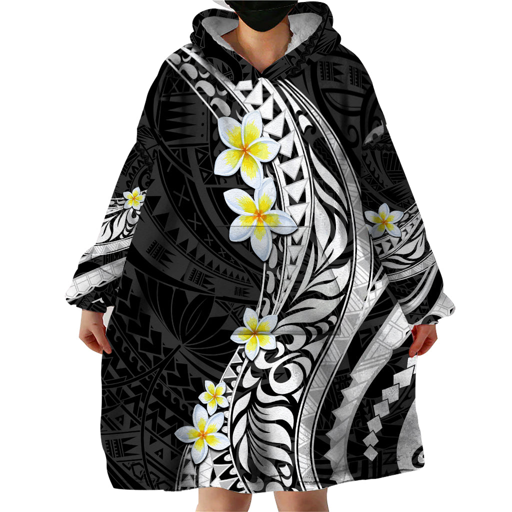 Hawaii Aloha Wearable Blanket Hoodie Plumeria Vintage - Black LT7 - Polynesian Pride
