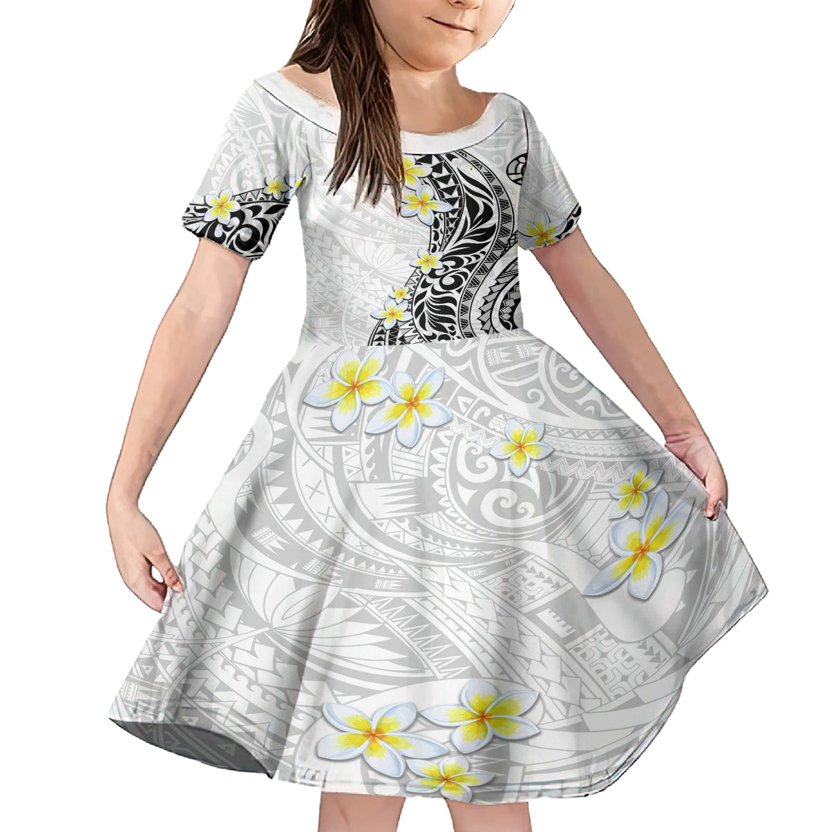 Hawaii Aloha Family Matching Short Sleeve Bodycon Dress and Hawaiian Shirt Plumeria Vintage - White LT7 Daughter's Dress White - Polynesian Pride