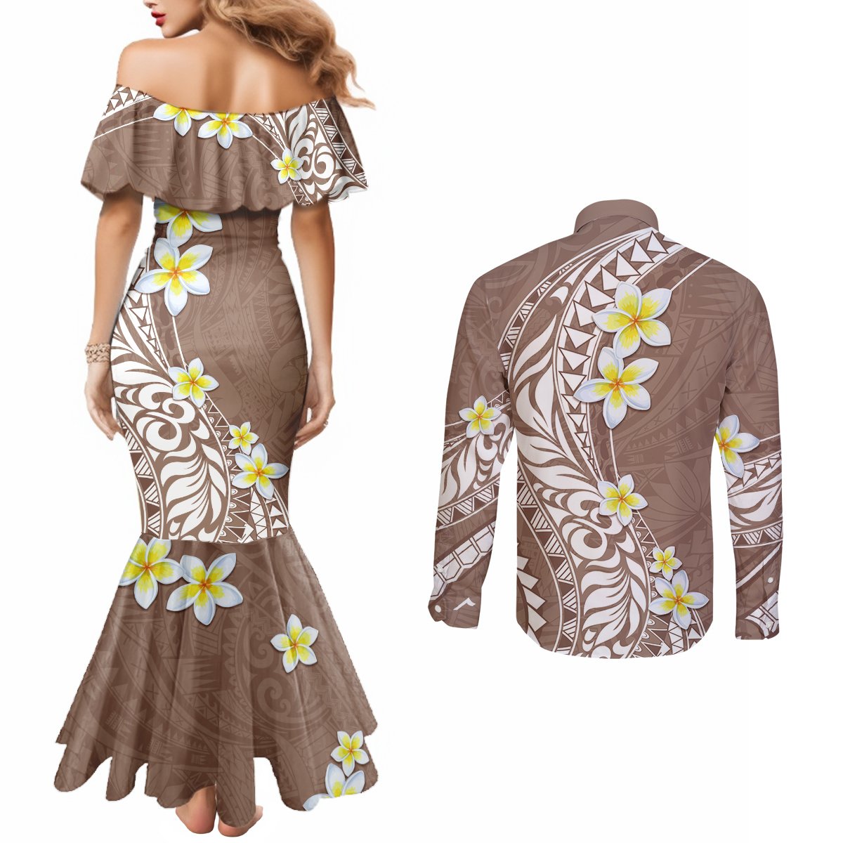 Hawaii Aloha Couples Matching Mermaid Dress and Long Sleeve Button Shirt Plumeria Vintage - Brown LT7 - Polynesian Pride