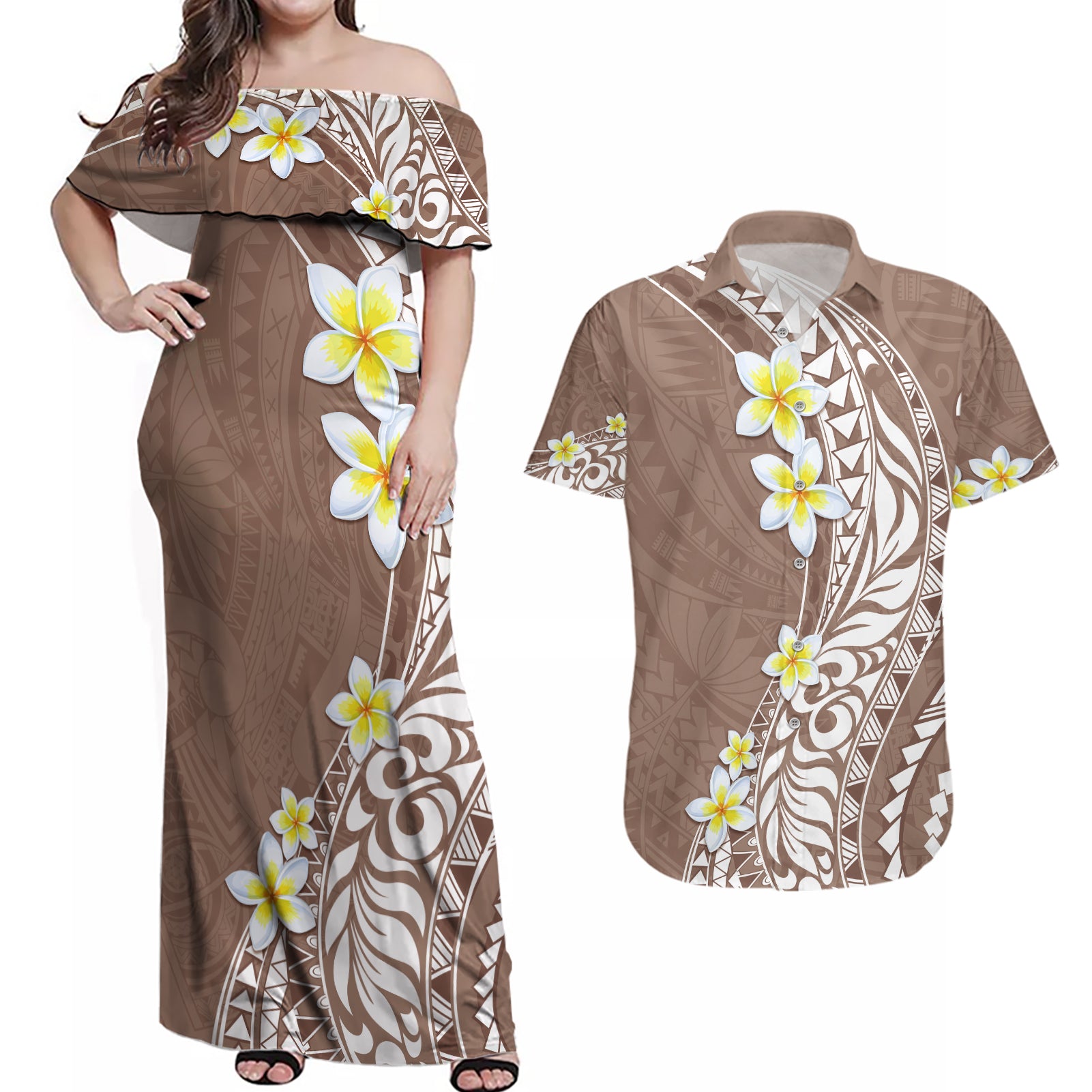 Hawaii Aloha Couples Matching Off Shoulder Maxi Dress and Hawaiian Shirt Plumeria Vintage - Brown LT7 Brown - Polynesian Pride