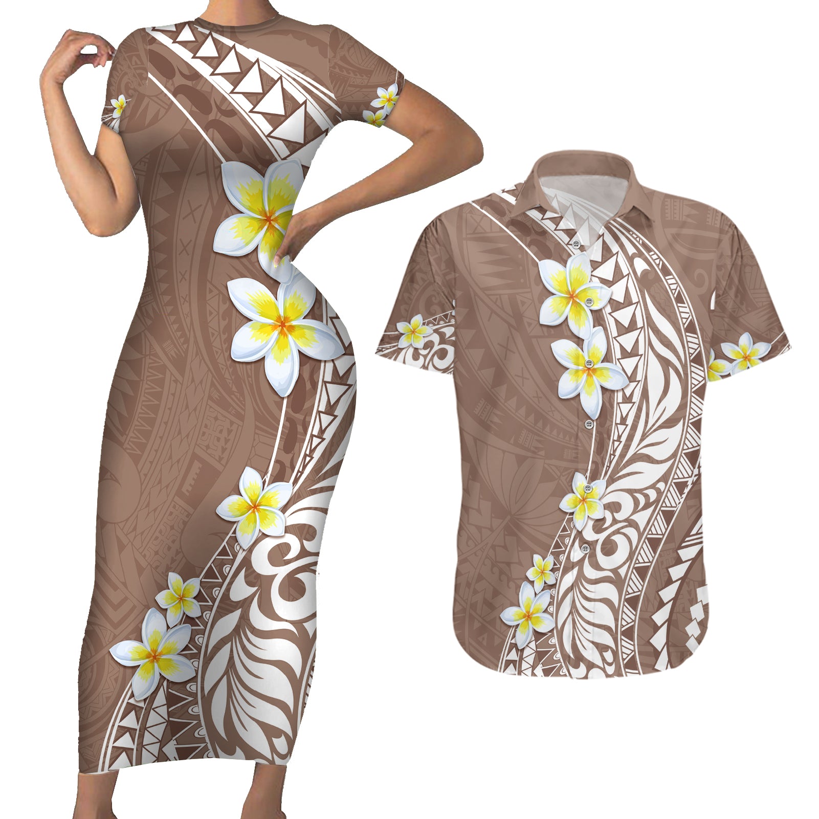 Hawaii Aloha Couples Matching Short Sleeve Bodycon Dress and Hawaiian Shirt Plumeria Vintage - Brown LT7 Brown - Polynesian Pride