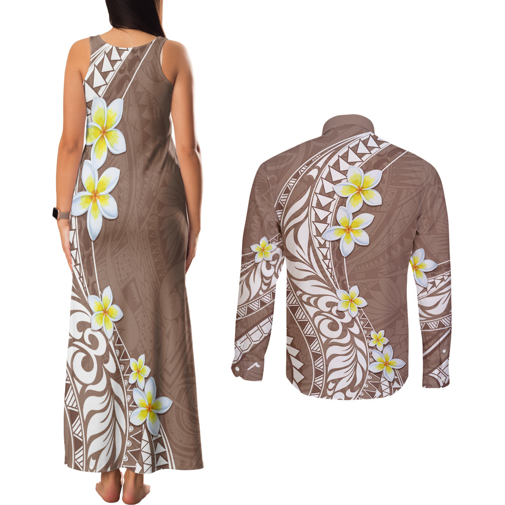 Hawaii Aloha Couples Matching Tank Maxi Dress and Long Sleeve Button Shirt Plumeria Vintage - Brown LT7 - Polynesian Pride