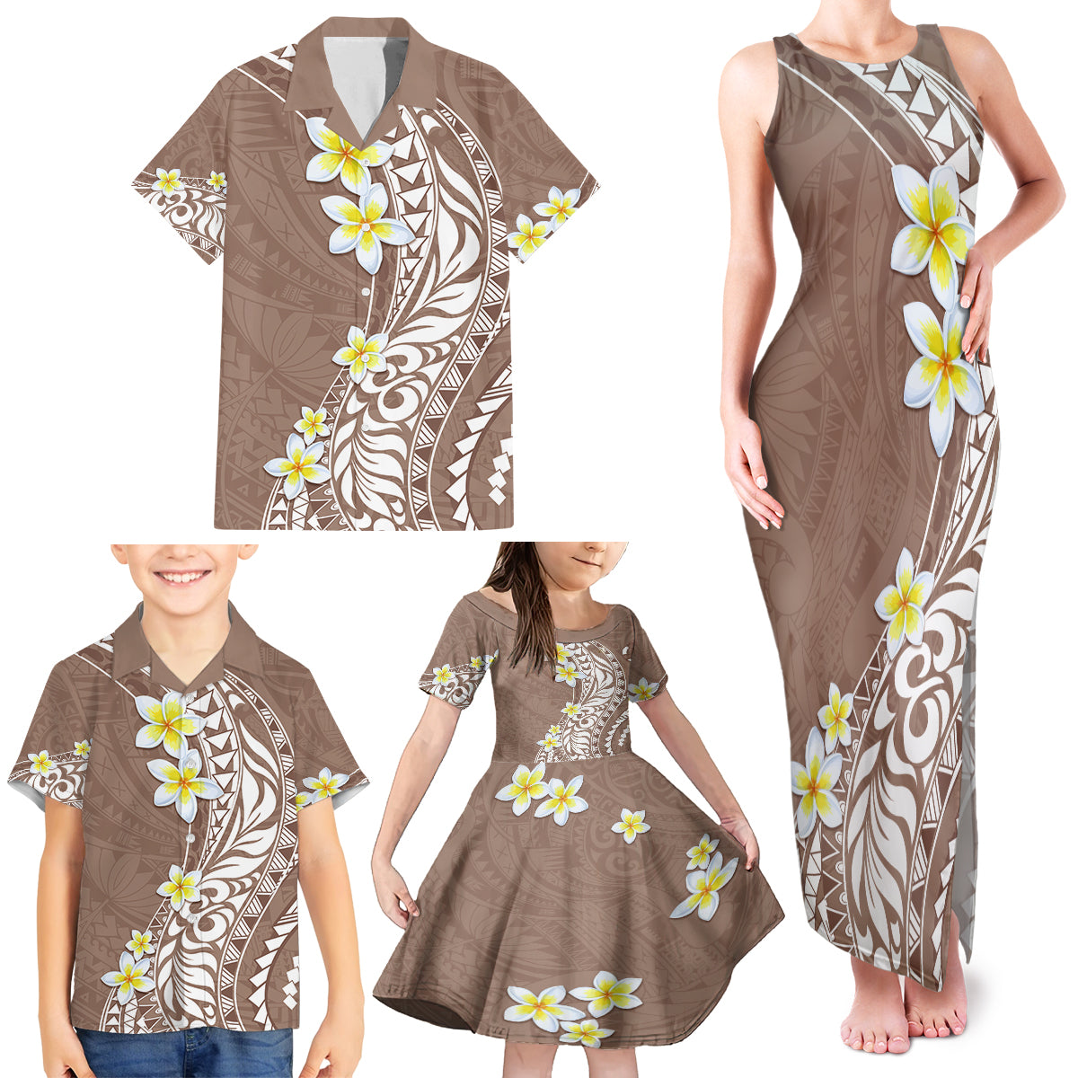 Hawaii Aloha Family Matching Tank Maxi Dress and Hawaiian Shirt Plumeria Vintage - Brown LT7 - Polynesian Pride