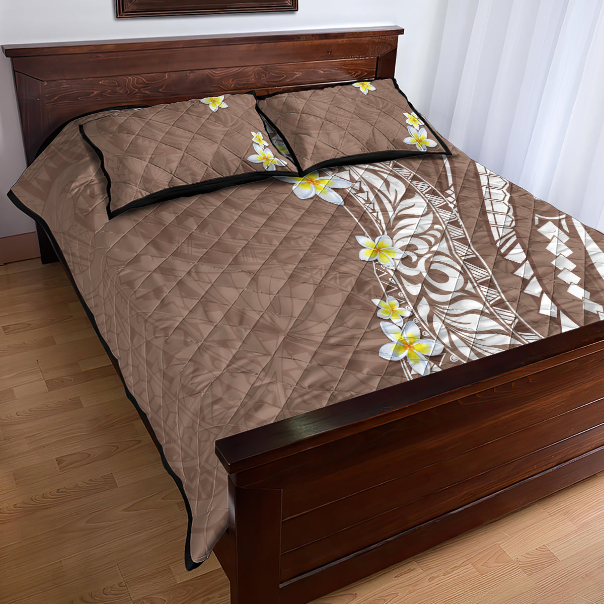 Hawaii Aloha Quilt Bed Set Plumeria Vintage - Brown LT7 - Polynesian Pride