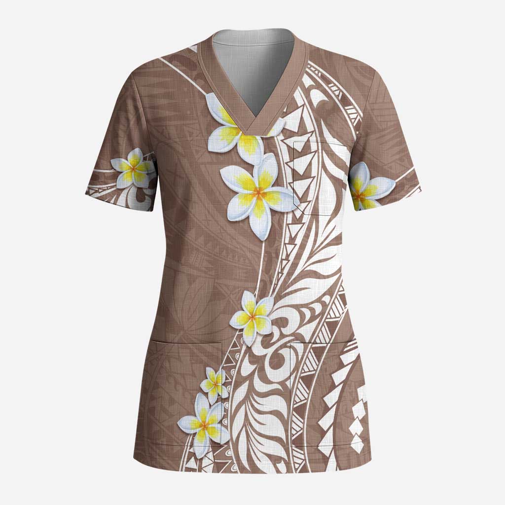 Hawaii Aloha Scrub Top Plumeria Vintage - Brown - Polynesian Pride