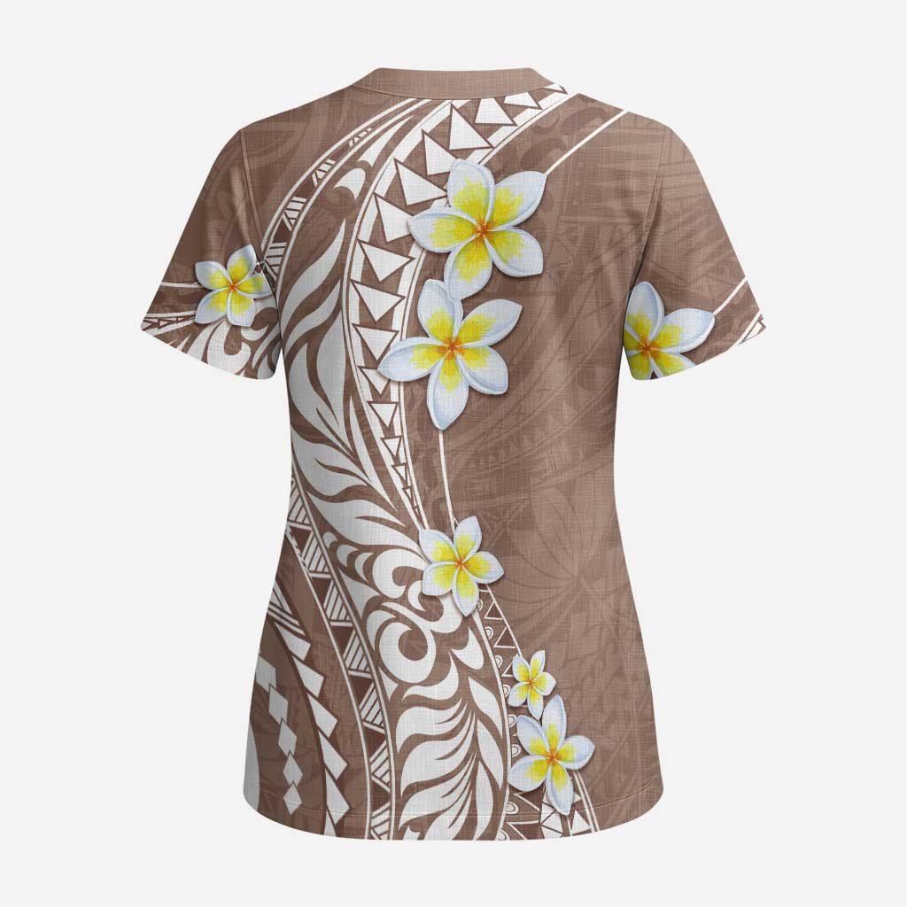 Hawaii Aloha Scrub Top Plumeria Vintage - Brown - Polynesian Pride