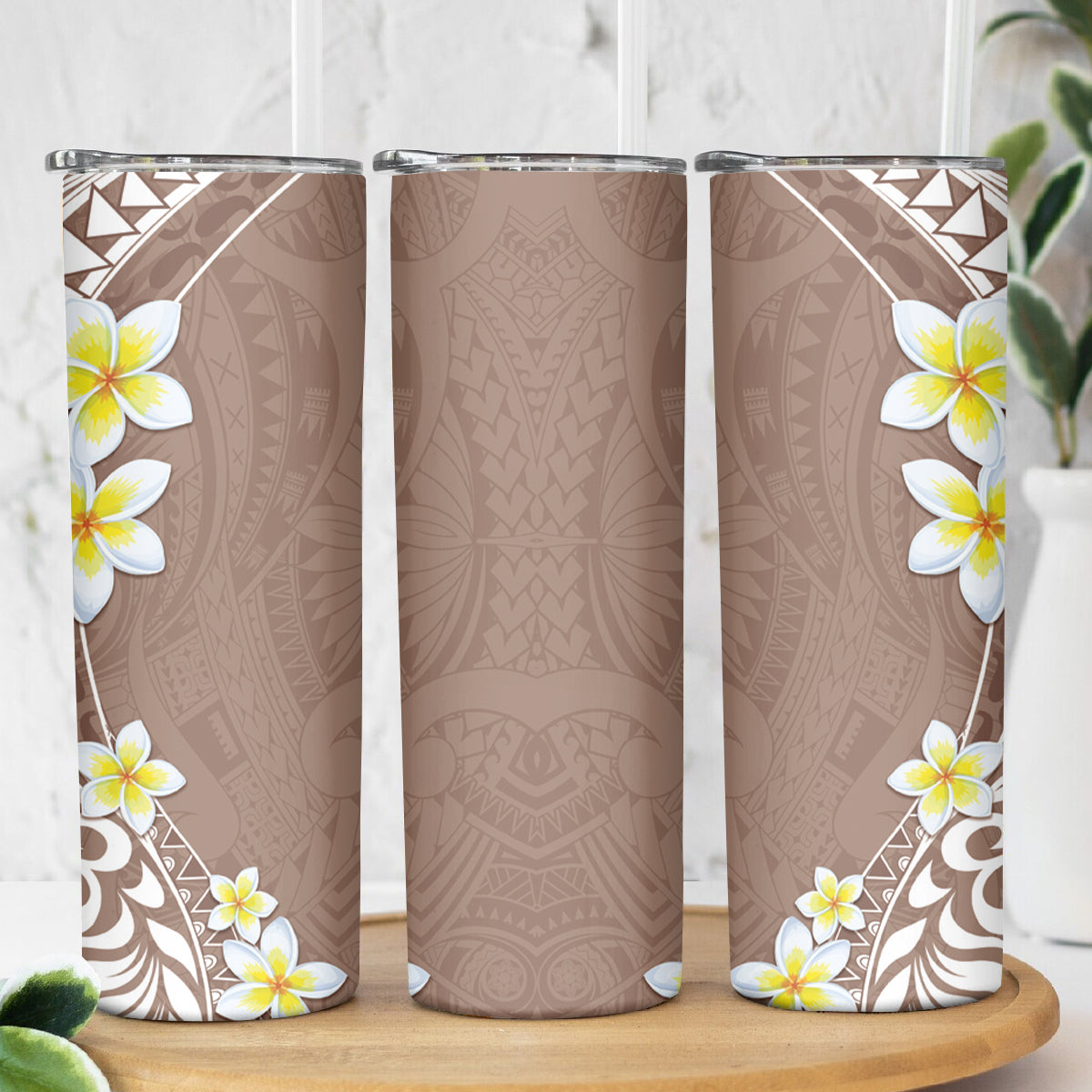 Hawaii Aloha Skinny Tumbler Plumeria Vintage - Beige