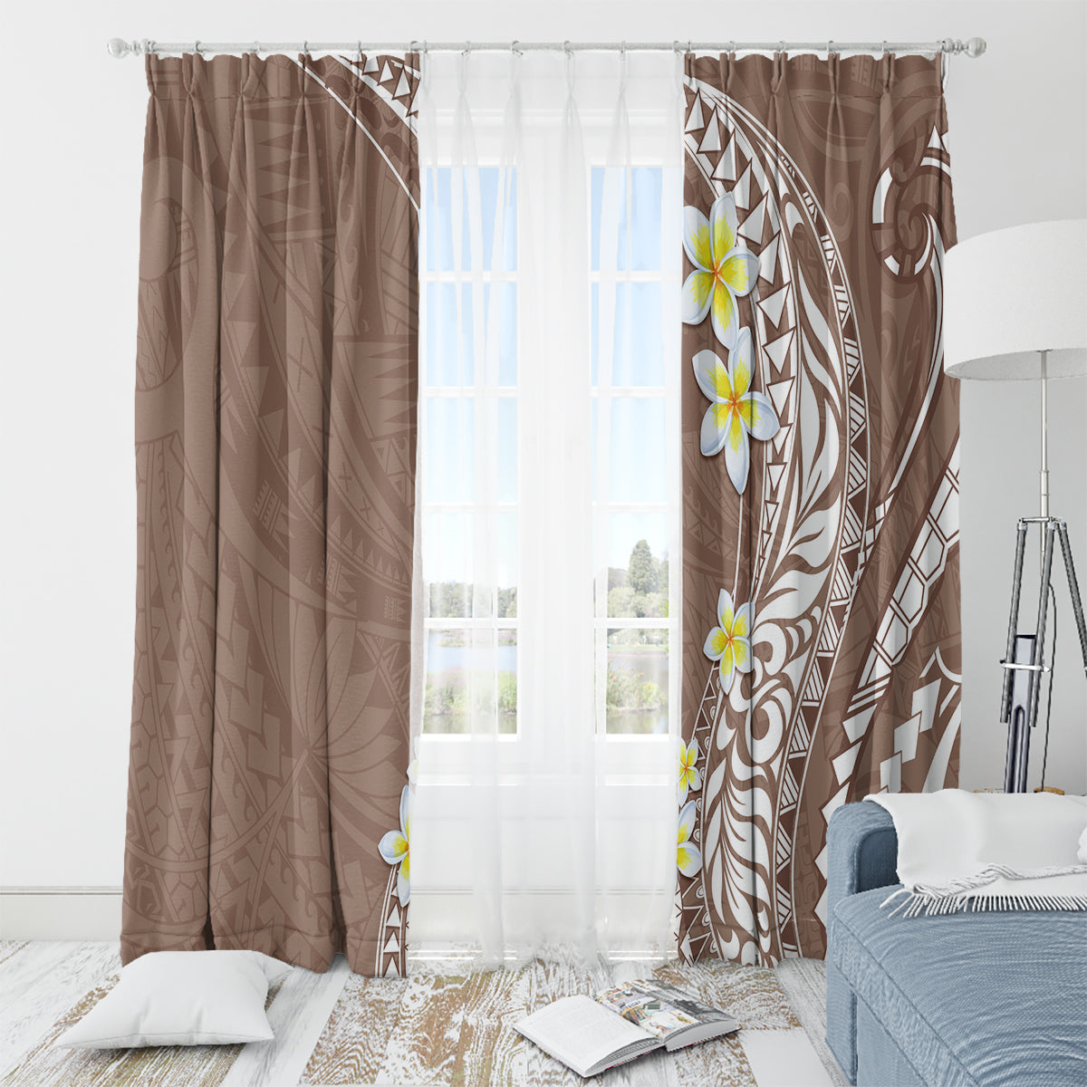 Hawaii Aloha Window Curtain Plumeria Vintage - Brown LT7 - Polynesian Pride