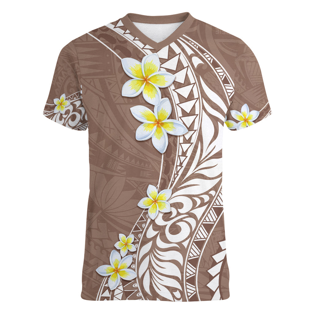 Hawaii Aloha Women V Neck T Shirt Plumeria Vintage - Brown LT7 Female Brown - Polynesian Pride