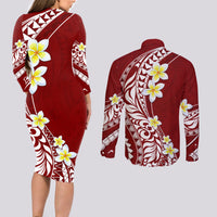 Hawaii Aloha Couples Matching Long Sleeve Bodycon Dress and Long Sleeve Button Shirt Plumeria Vintage - Crimson LT7 - Polynesian Pride