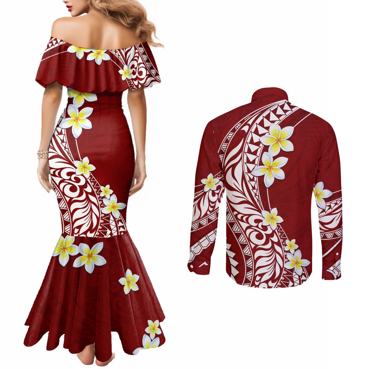 Hawaii Aloha Couples Matching Mermaid Dress and Long Sleeve Button Shirt Plumeria Vintage - Crimson LT7 - Polynesian Pride