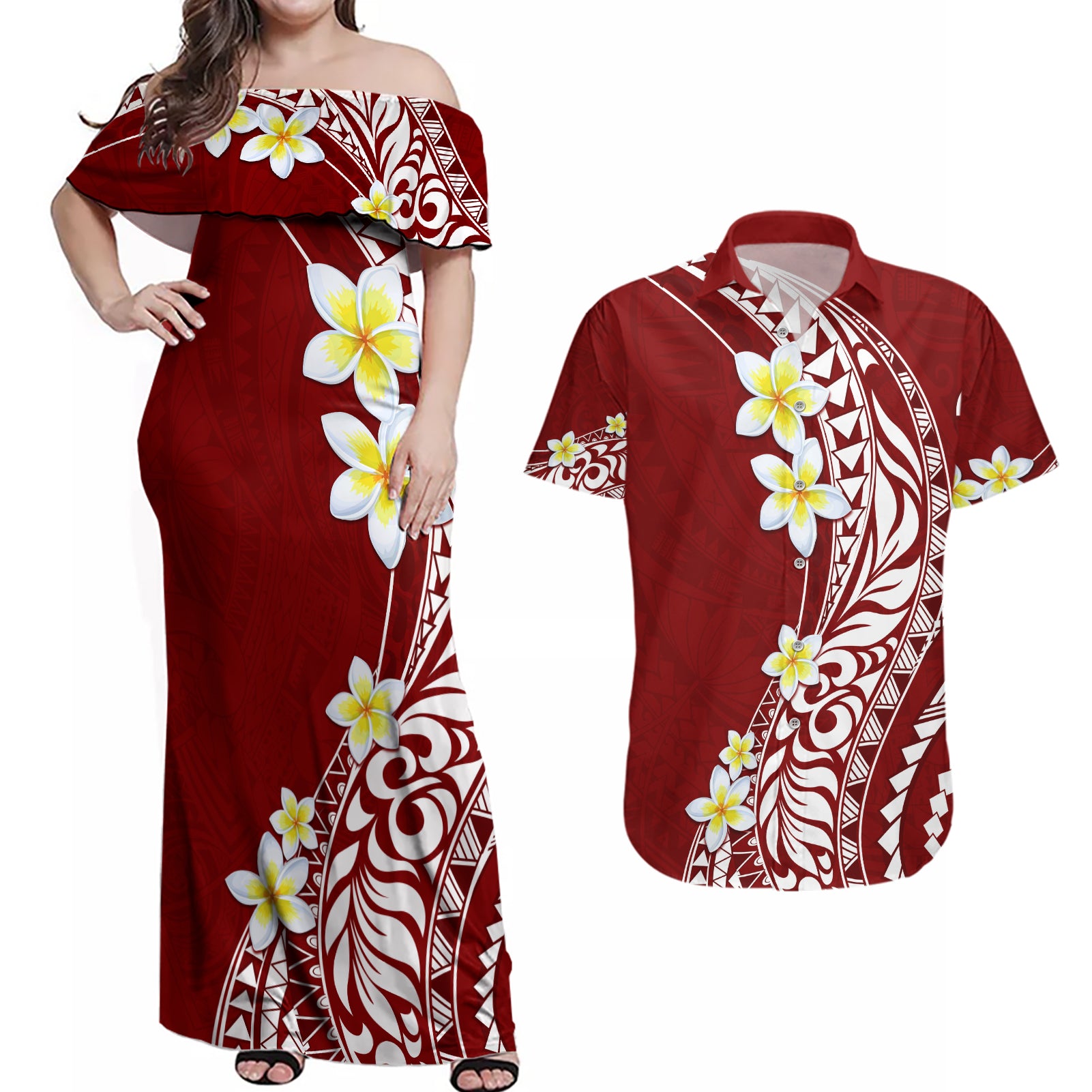 Hawaii Aloha Couples Matching Off Shoulder Maxi Dress and Hawaiian Shirt Plumeria Vintage - Crimson LT7 Crimson - Polynesian Pride