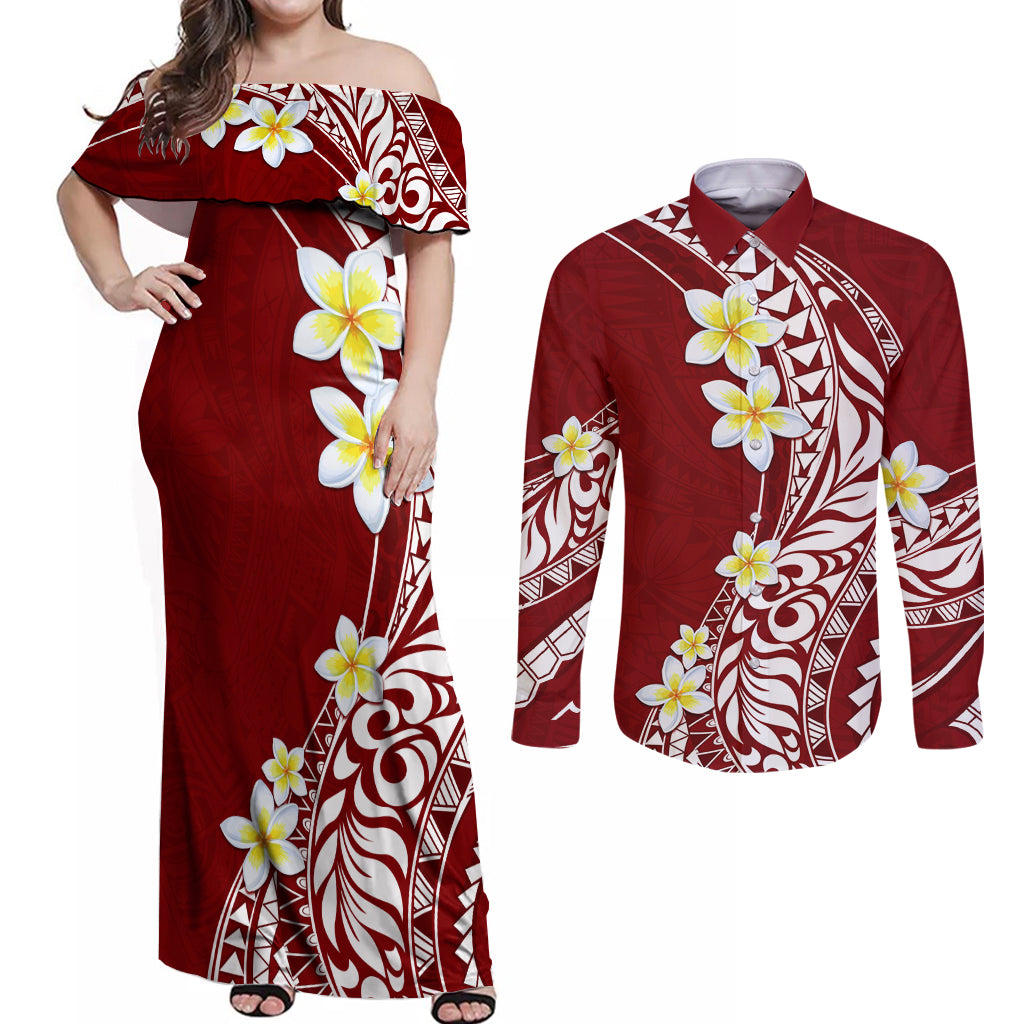 Hawaii Aloha Couples Matching Off Shoulder Maxi Dress and Long Sleeve Button Shirt Plumeria Vintage - Crimson LT7 Crimson - Polynesian Pride
