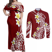 Hawaii Aloha Couples Matching Off Shoulder Maxi Dress and Long Sleeve Button Shirt Plumeria Vintage - Crimson LT7 Crimson - Polynesian Pride