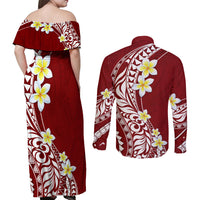 Hawaii Aloha Couples Matching Off Shoulder Maxi Dress and Long Sleeve Button Shirt Plumeria Vintage - Crimson LT7 - Polynesian Pride