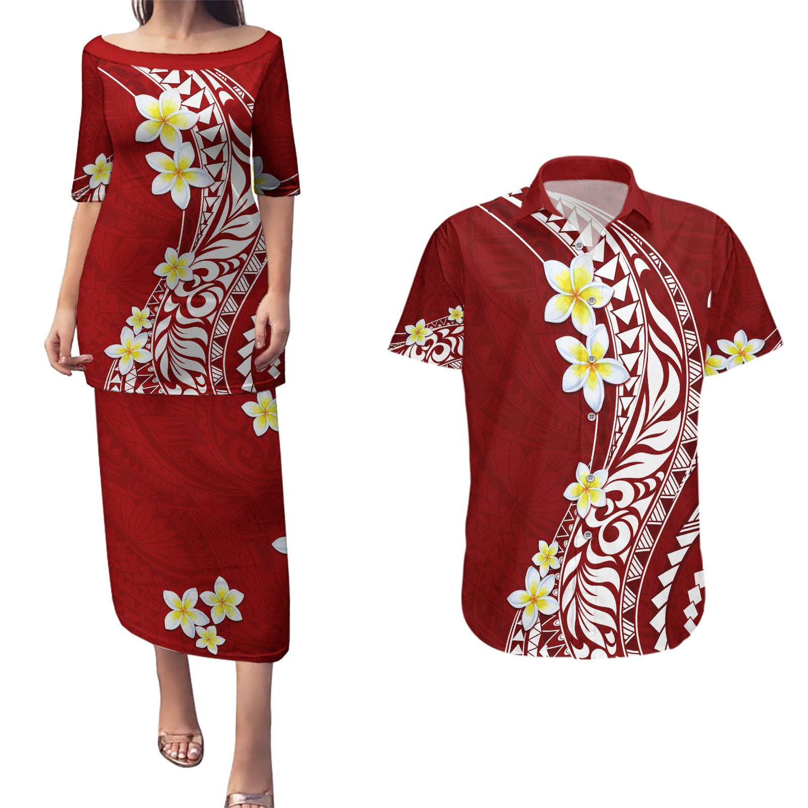 Hawaii Aloha Couples Matching Puletasi Dress and Hawaiian Shirt Plumeria Vintage - Crimson LT7 Crimson - Polynesian Pride