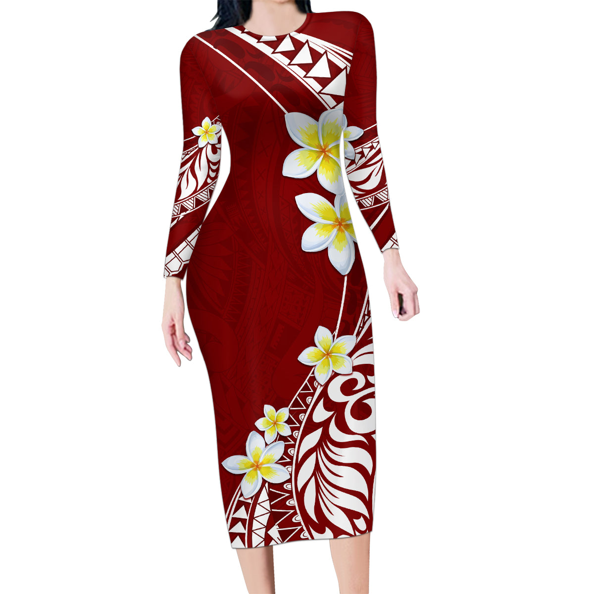 Hawaii Aloha Family Matching Long Sleeve Bodycon Dress and Hawaiian Shirt Plumeria Vintage - Crimson LT7 Mom's Dress Crimson - Polynesian Pride