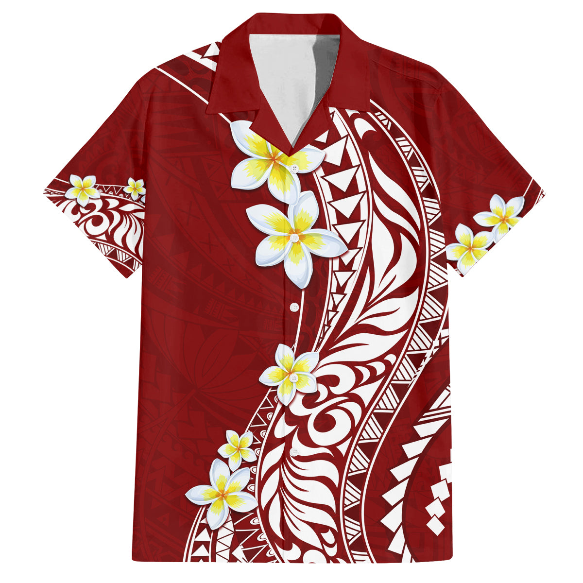 Hawaii Aloha Family Matching Summer Maxi Dress and Hawaiian Shirt Plumeria Vintage - Crimson LT7 Dad's Shirt - Short Sleeve Crimson - Polynesian Pride