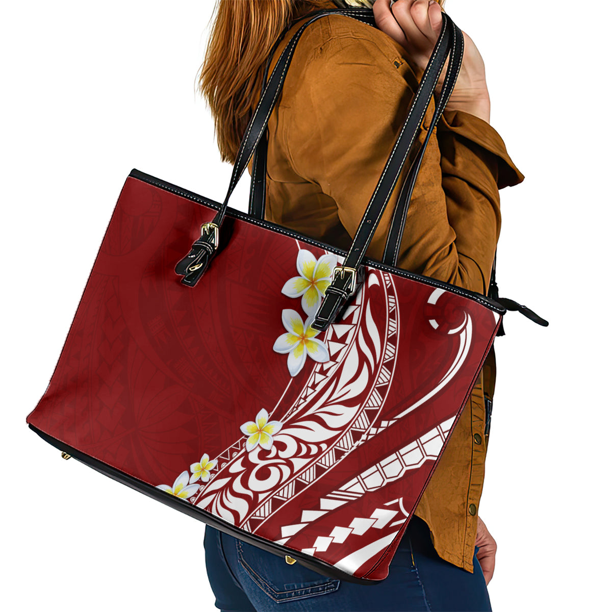 Hawaii Aloha Leather Tote Bag Plumeria Vintage - Crimson LT7 - Polynesian Pride