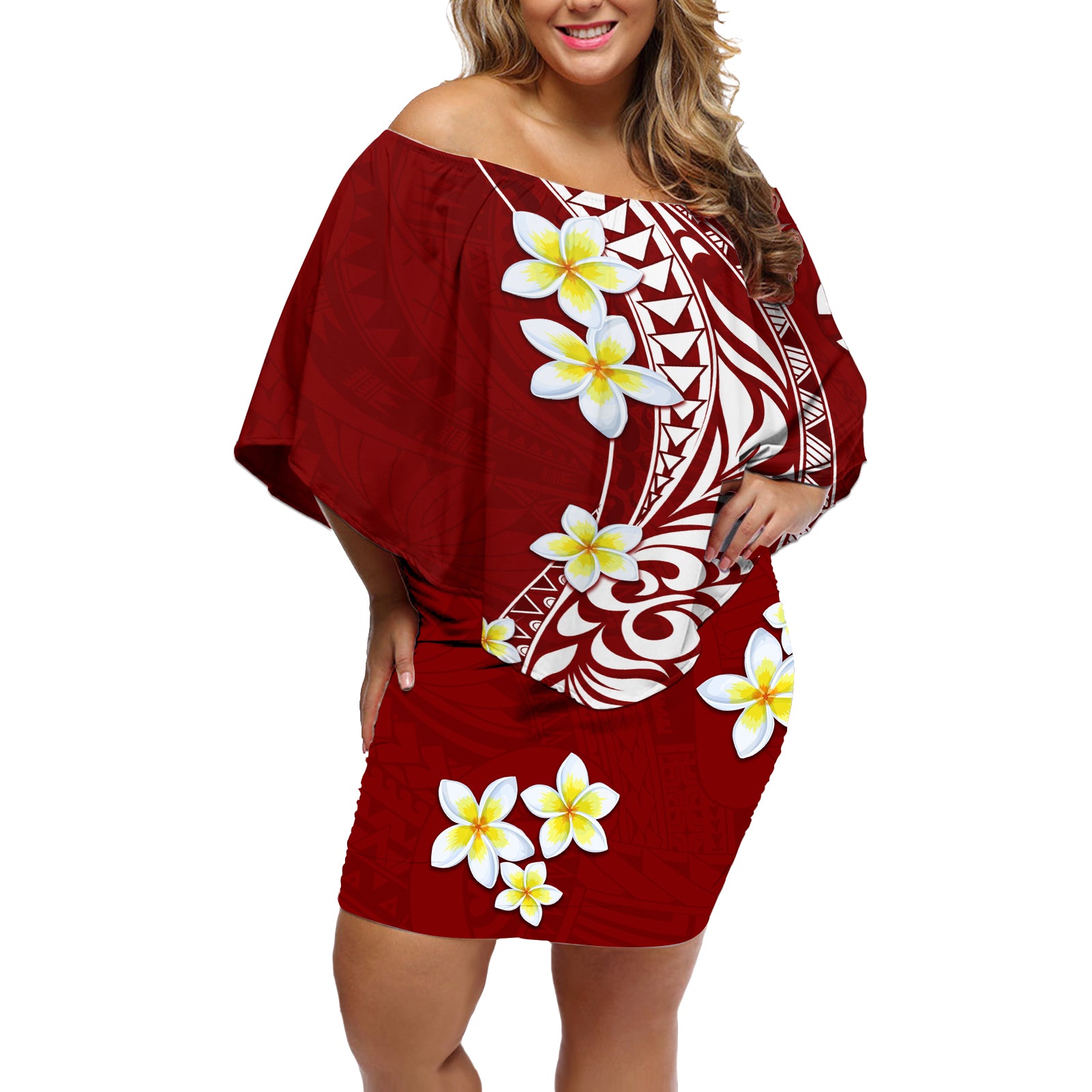 Hawaii Aloha Off Shoulder Short Dress Plumeria Vintage - Crimson LT7 Women Crimson - Polynesian Pride