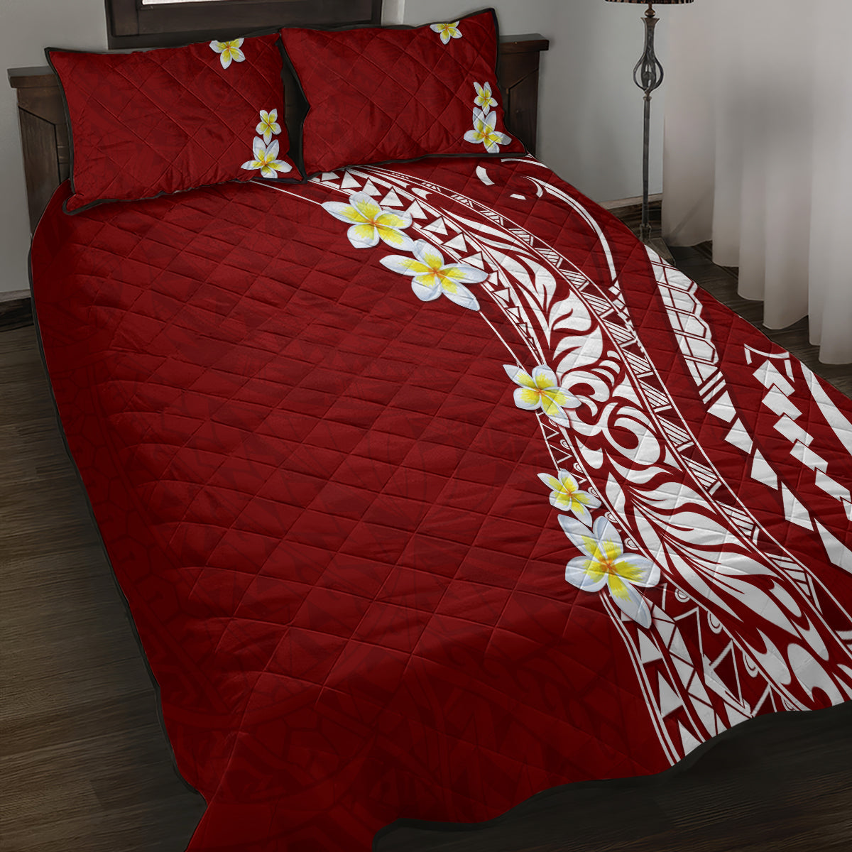 Hawaii Aloha Quilt Bed Set Plumeria Vintage - Crimson LT7 - Polynesian Pride