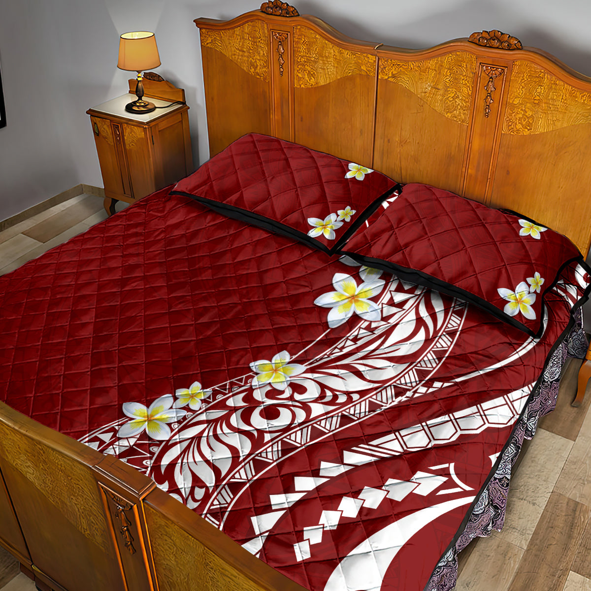 Hawaii Aloha Quilt Bed Set Plumeria Vintage - Crimson LT7 - Polynesian Pride