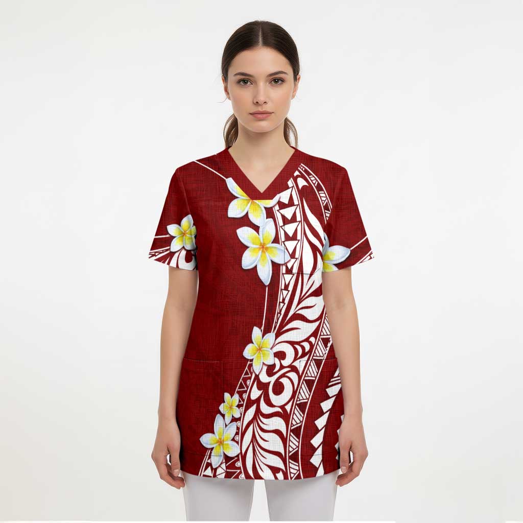 Hawaii Aloha Scrub Top Plumeria Vintage - Crimson - Polynesian Pride