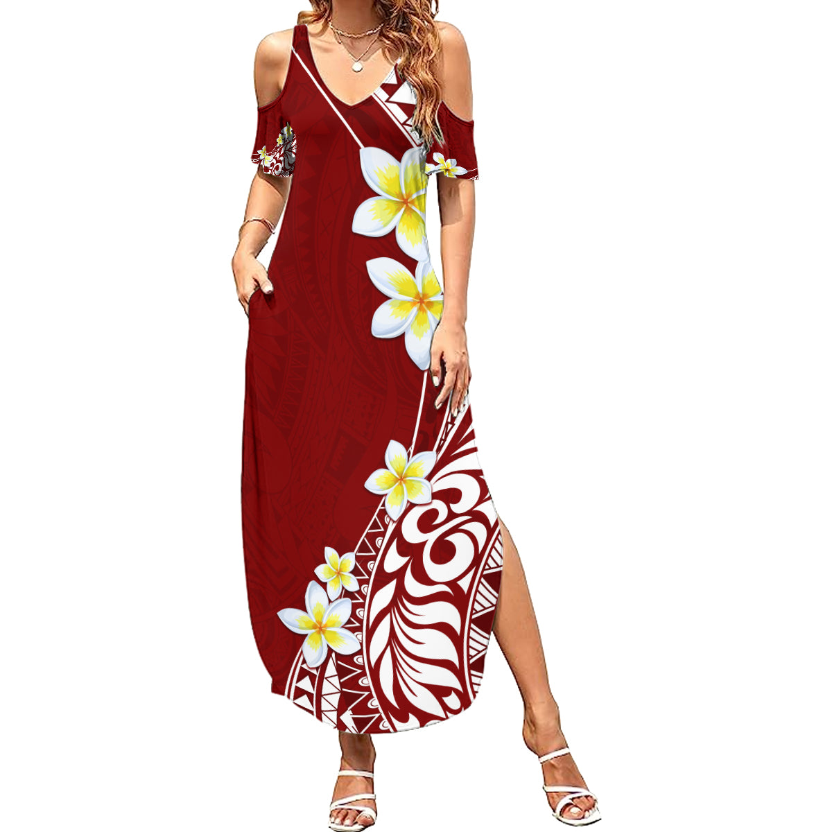 Hawaii Aloha Summer Maxi Dress Plumeria Vintage - Crimson LT7 Women Crimson - Polynesian Pride