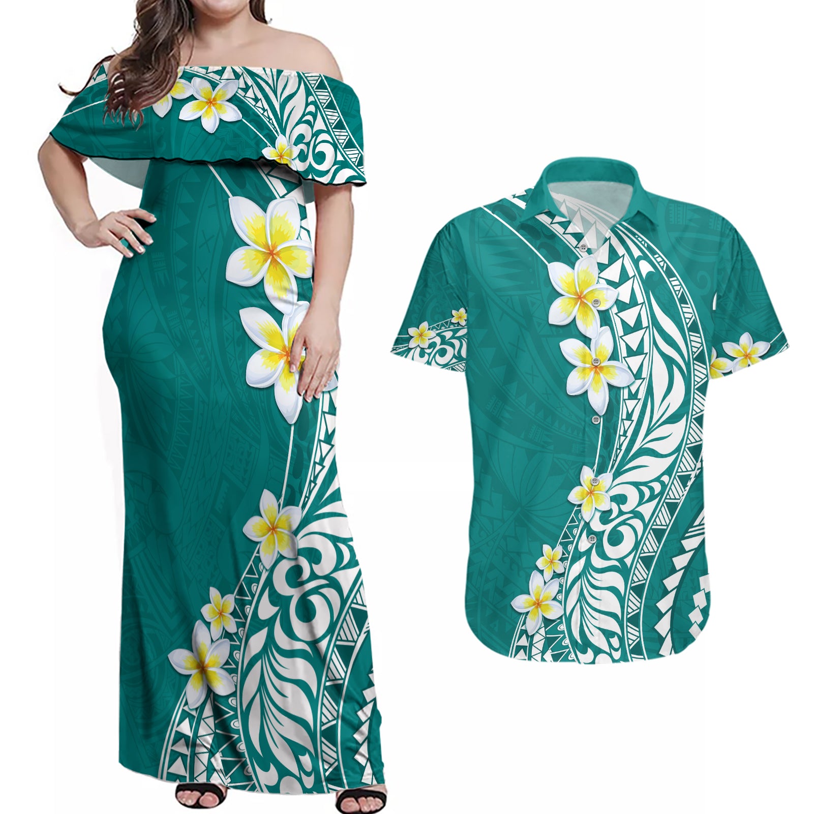 Hawaii Aloha Couples Matching Off Shoulder Maxi Dress and Hawaiian Shirt Plumeria Vintage - Teal LT7 Teal - Polynesian Pride