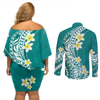 Hawaii Aloha Couples Matching Off Shoulder Short Dress and Long Sleeve Button Shirt Plumeria Vintage - Teal LT7 - Polynesian Pride