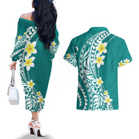 Hawaii Aloha Couples Matching Off The Shoulder Long Sleeve Dress and Hawaiian Shirt Plumeria Vintage - Teal LT7 - Polynesian Pride