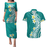 Hawaii Aloha Couples Matching Puletasi Dress and Hawaiian Shirt Plumeria Vintage - Teal LT7 Teal - Polynesian Pride