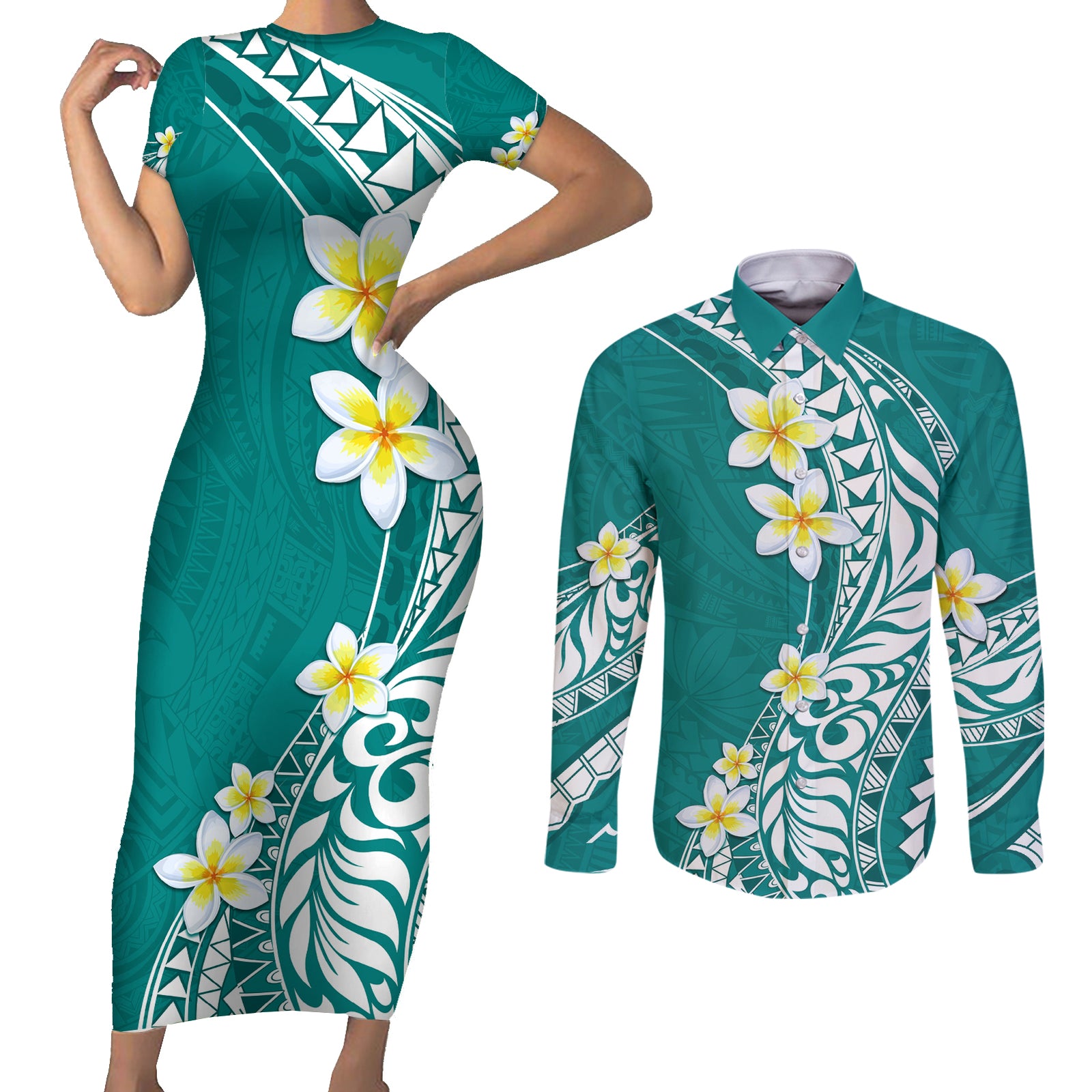 Hawaii Aloha Couples Matching Short Sleeve Bodycon Dress and Long Sleeve Button Shirt Plumeria Vintage - Teal LT7 Teal - Polynesian Pride