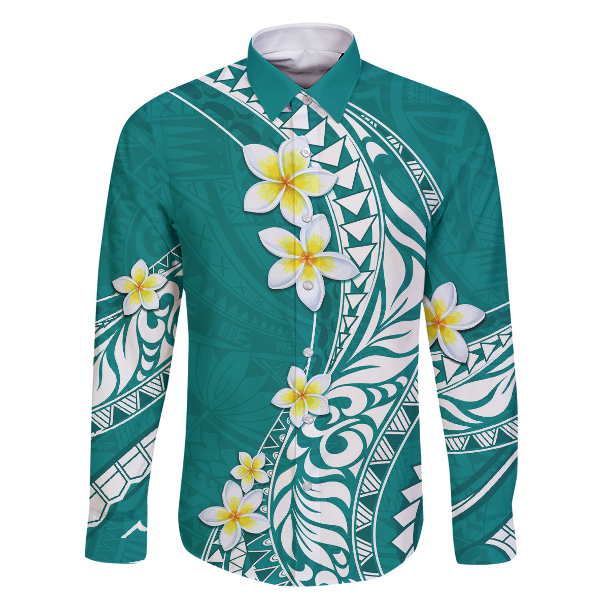 Hawaii Aloha Family Matching Off Shoulder Maxi Dress and Hawaiian Shirt Plumeria Vintage - Teal LT7 Dad's Shirt - Long Sleeve Teal - Polynesian Pride