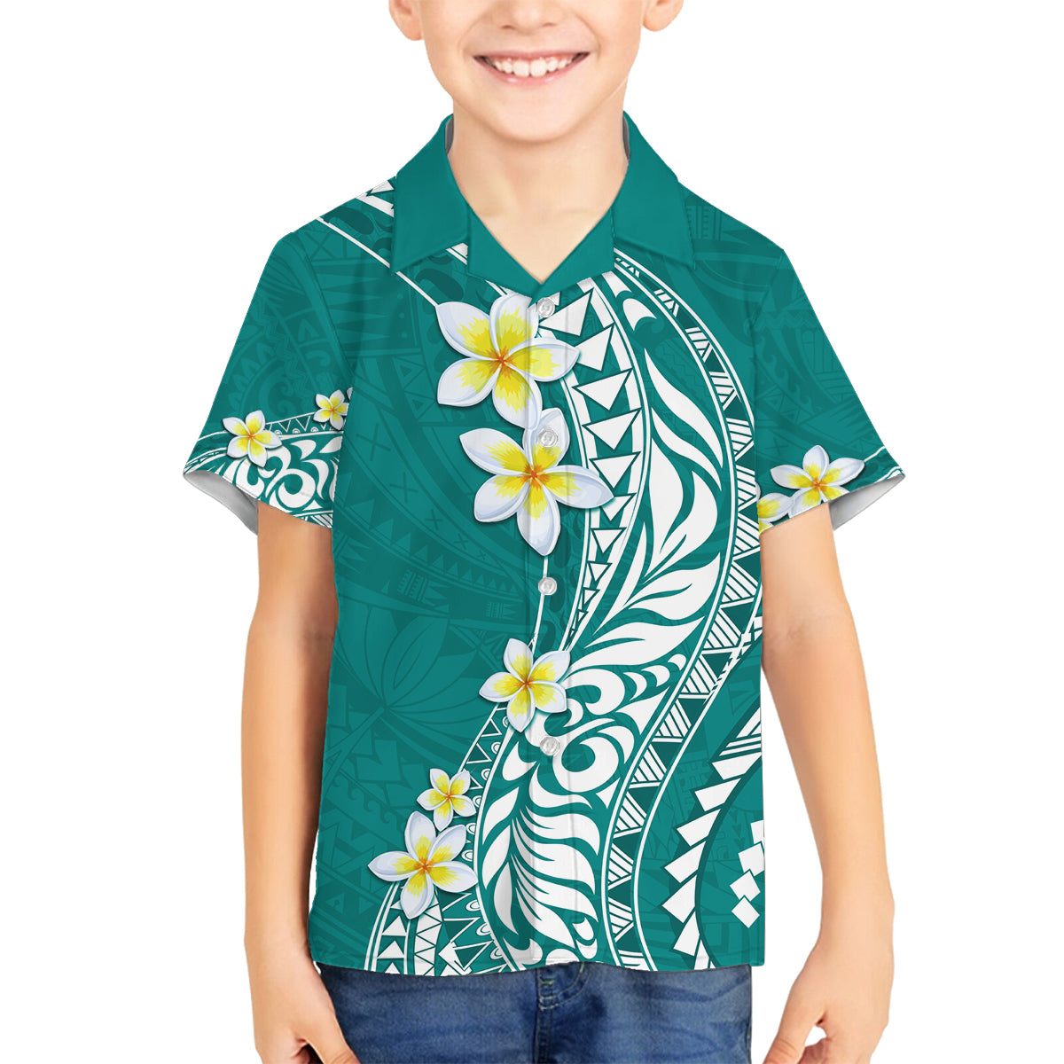 Hawaii Aloha Family Matching Puletasi Dress and Hawaiian Shirt Plumeria Vintage - Teal LT7 Son's Shirt Teal - Polynesian Pride