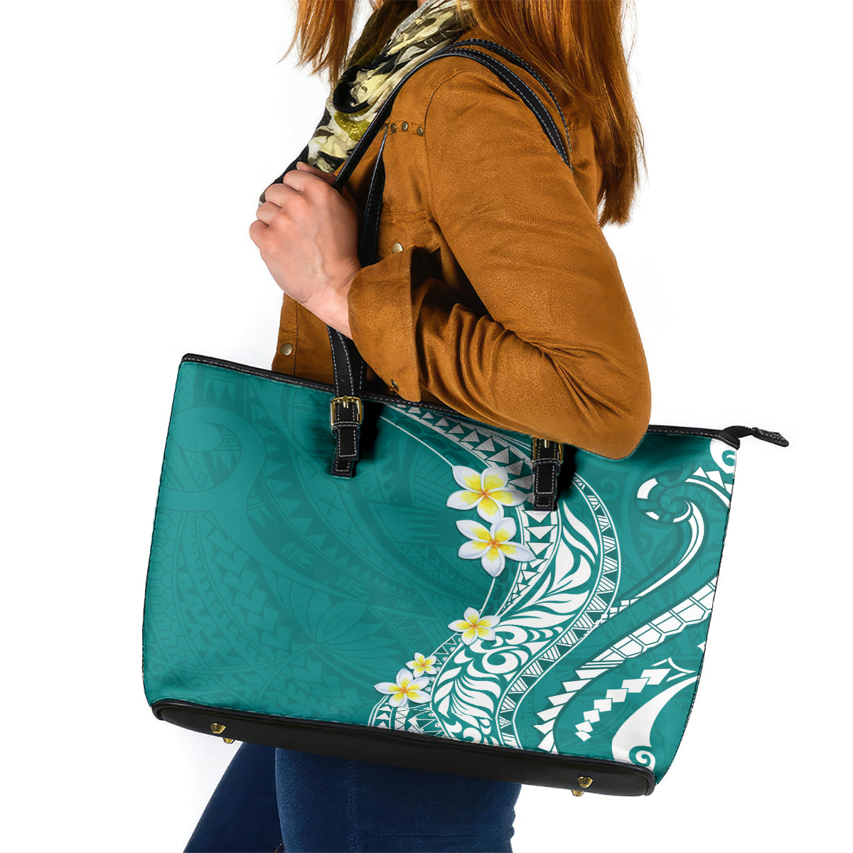 Hawaii Aloha Leather Tote Bag Plumeria Vintage - Teal LT7 Teal - Polynesian Pride